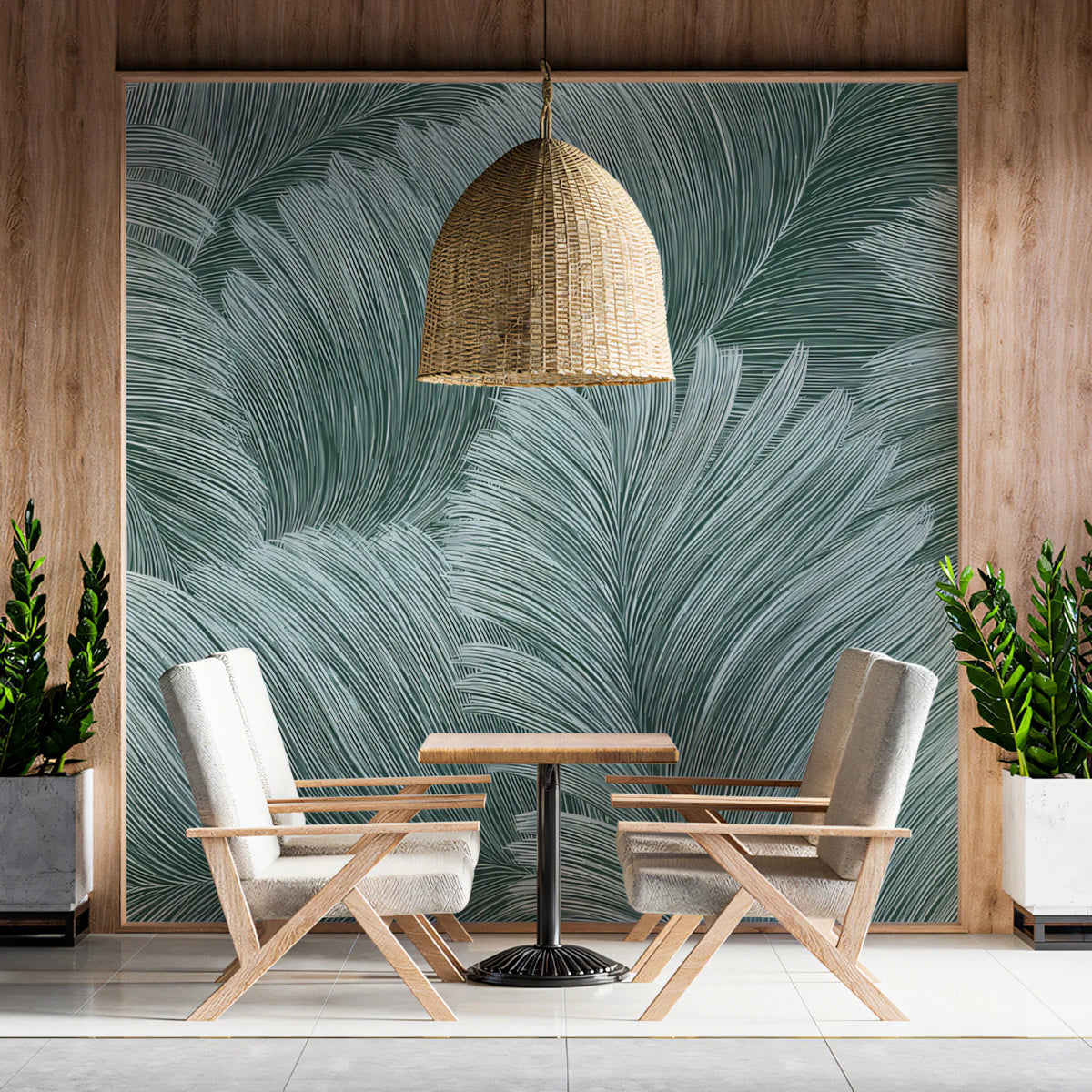 Feathered Swirl Mural Wallpaper — Teal Organic Line Art Mural Wallpaper - room preview 02