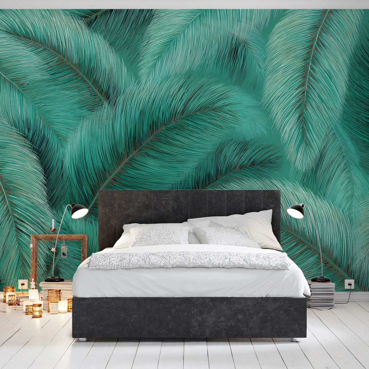 Teal Palm Frond Mural Wallpaper — Tropical Botanical Wall Decor Mural Wallpaper - room preview 02