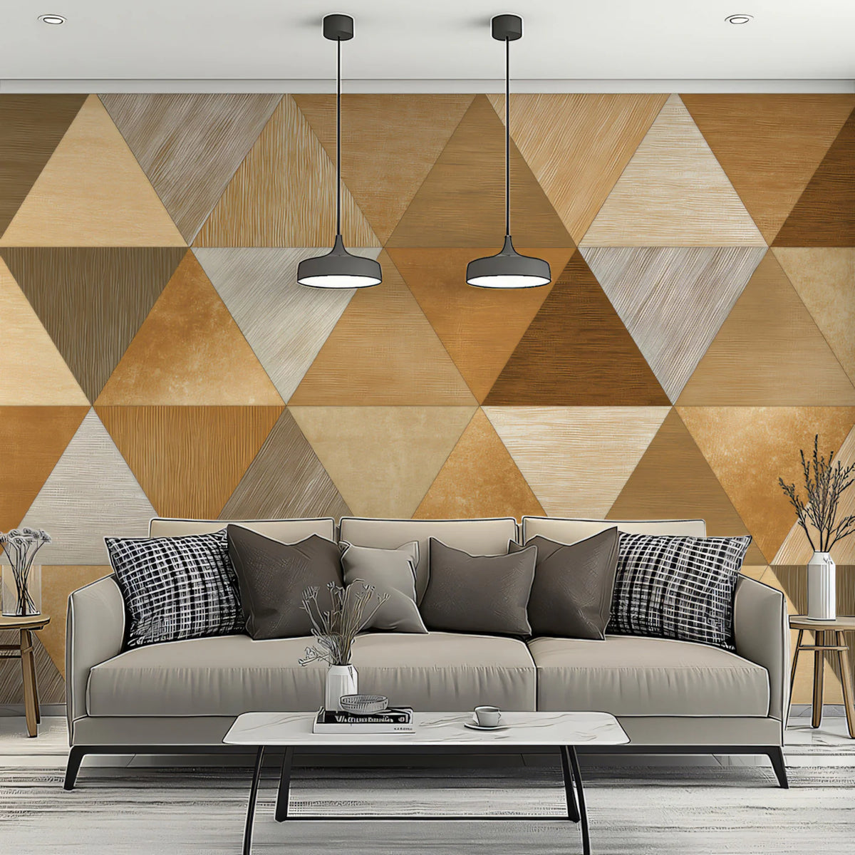 Geometric Wood Triangle Mural Wallpaper —Modern Mosaic Mural Wallpaper - room preview 02