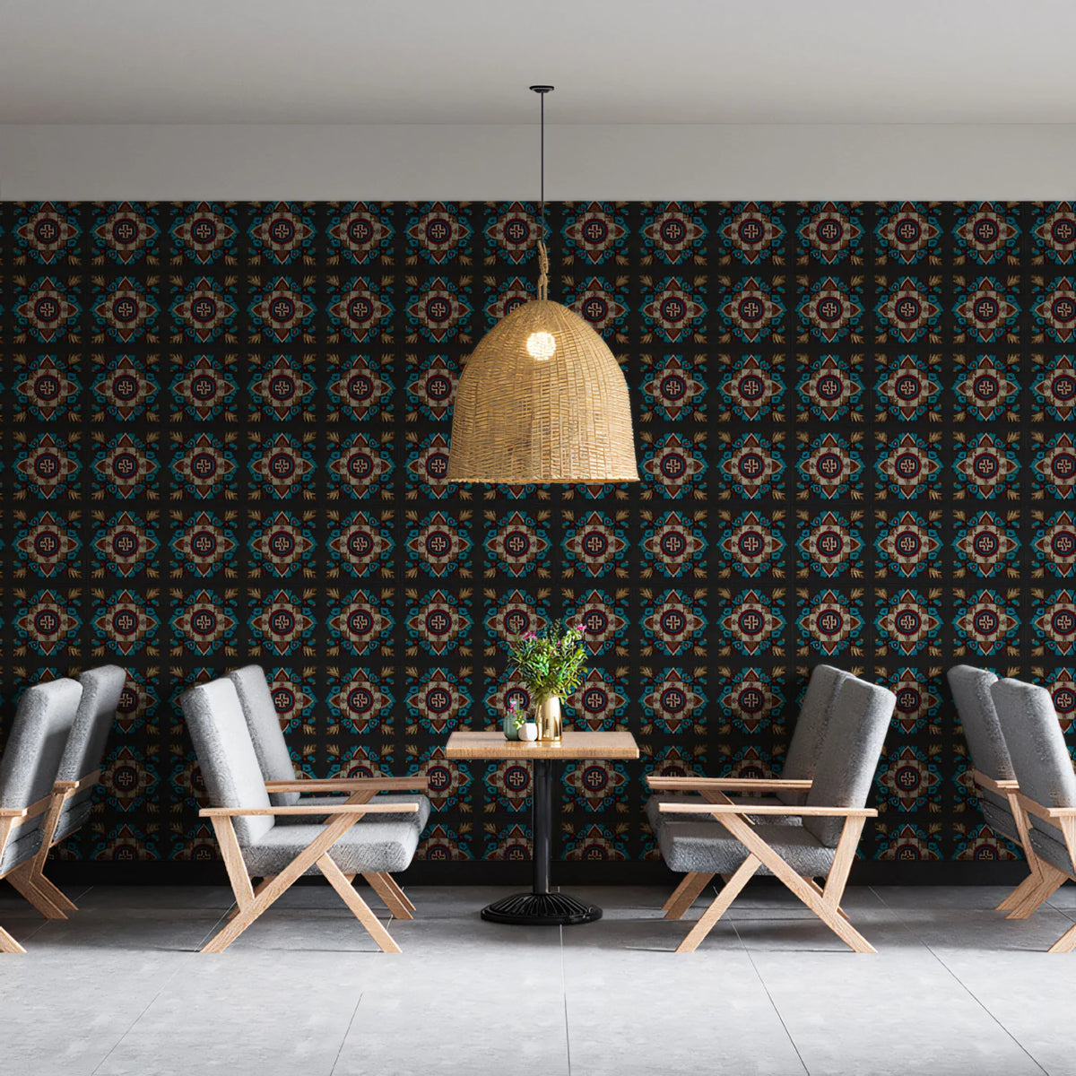 Traditional Floral Tile Mural Wallpaper — Midnight Geometric Print Mural Wallpaper - room preview 02