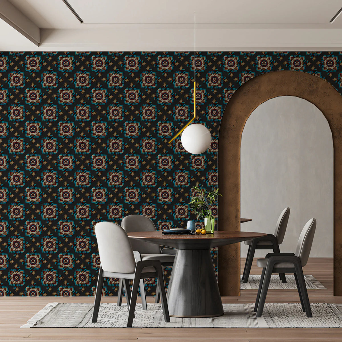 Intricate Geometric Floral Mural Wallpaper — Dark Traditional Print Mural Wallpaper - room preview 02