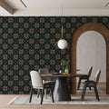 Intricate Geometric Floral Mural Wallpaper — Dark Traditional Print Mural Wallpaper - room preview 02