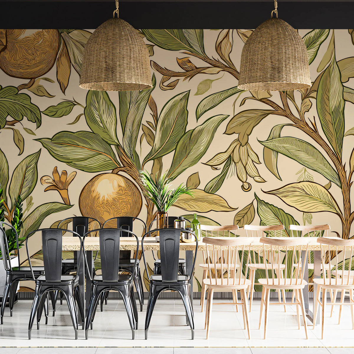 Vintage Pomegranate Etching Mural Wallpaper — Botanical Art Mural Wallpaper - room preview 02