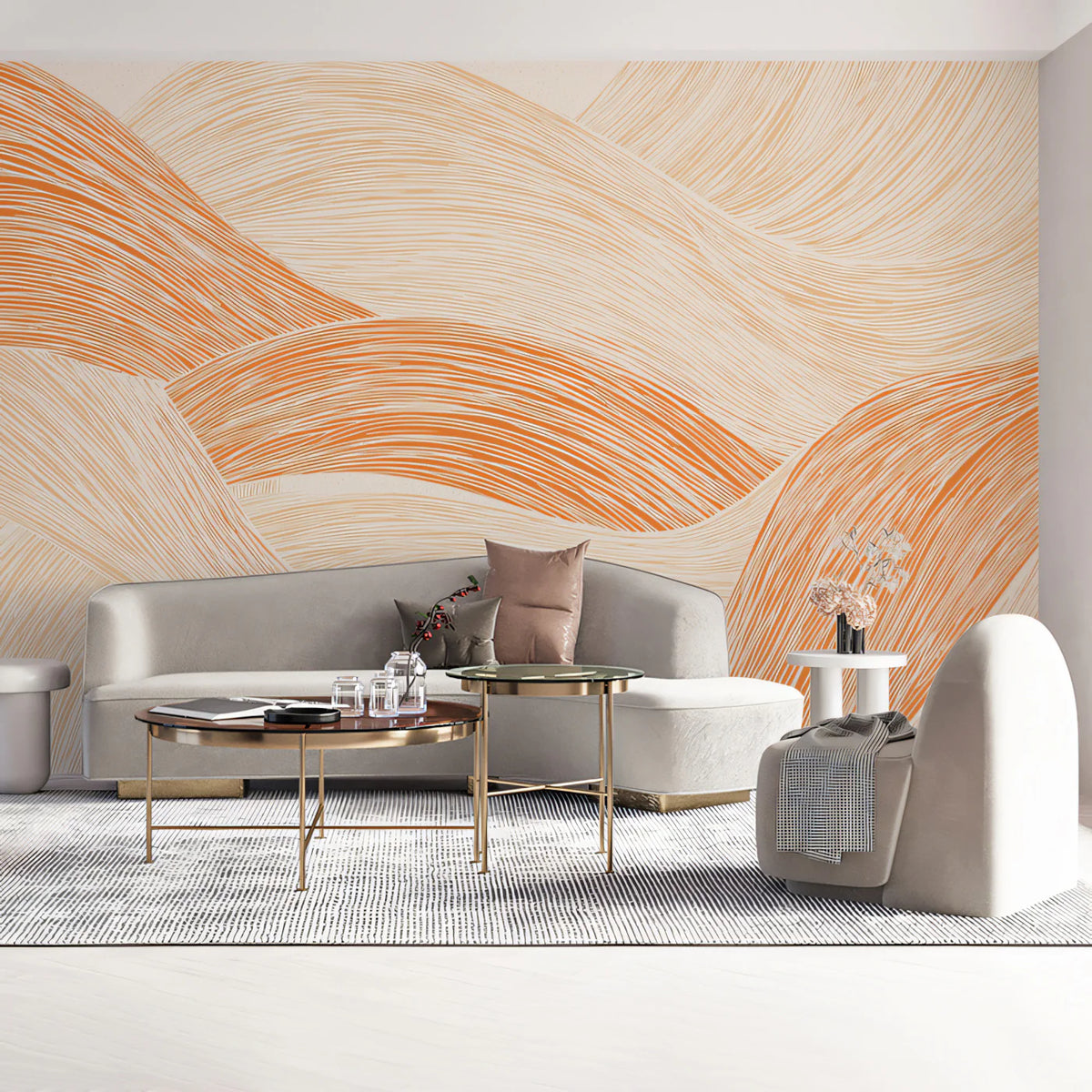 Abstract Rolling Hills Mural Wallpaper — Fluid Line Art in Sunset Mural Wallpaper - room preview 02