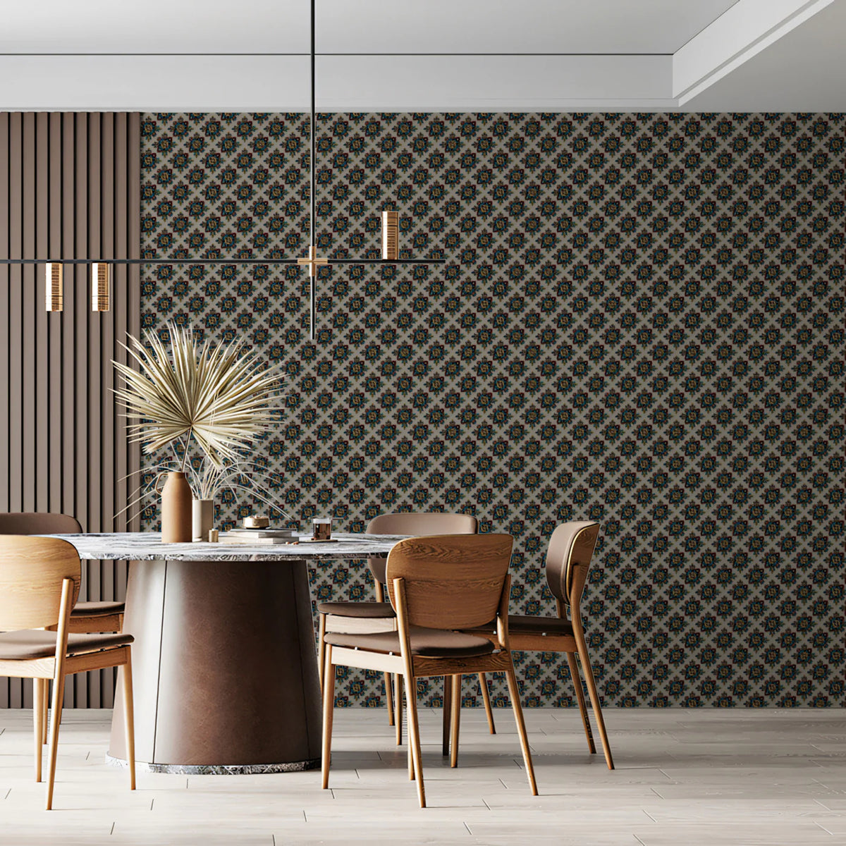 Micro Floral Geometric Lattice Mural Wallpaper — Traditional Detail Mural Wallpaper - room preview 02