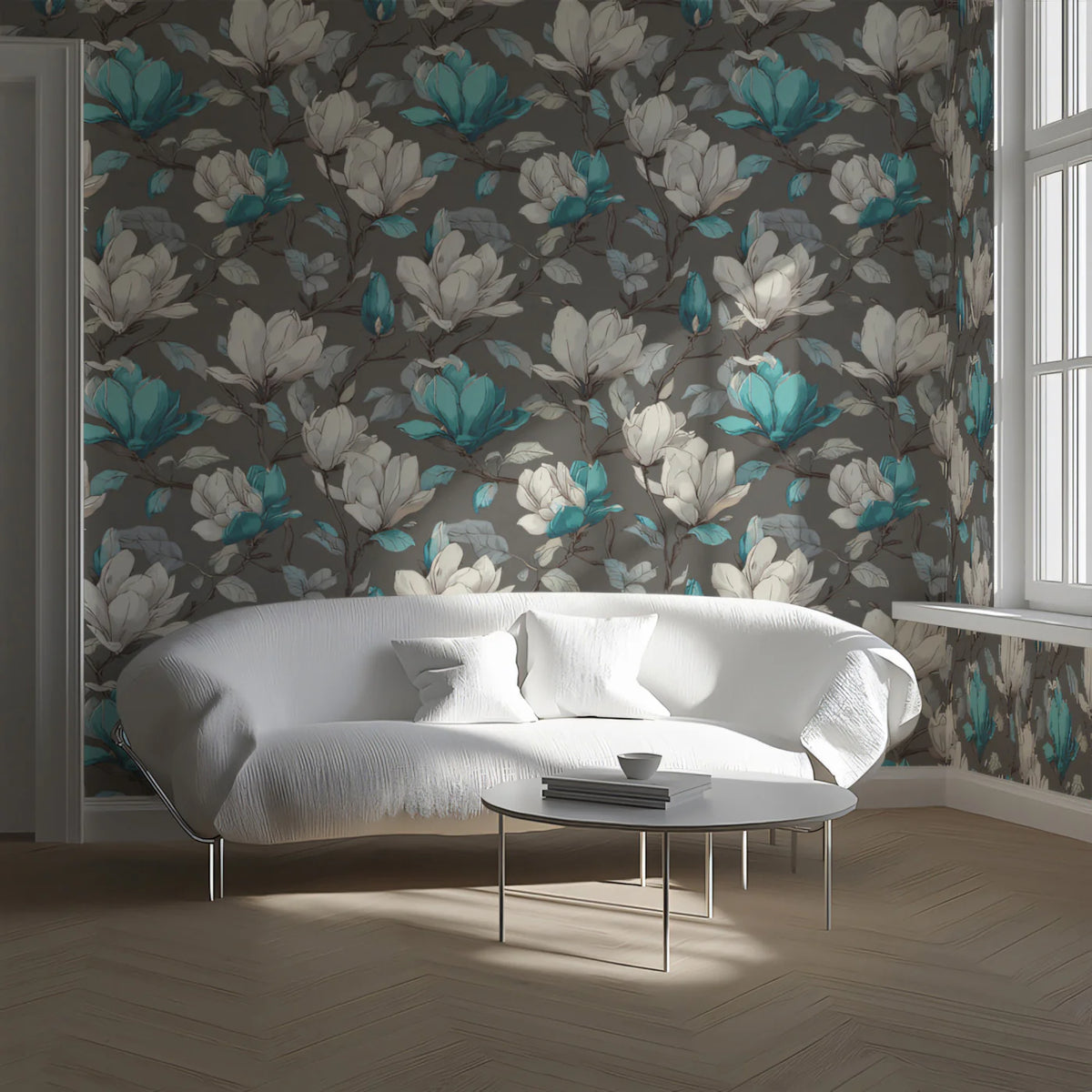 Dual-Tone Magnolia Floral Mural Wallpaper — Modern Classic Mural Wallpaper - room preview 02