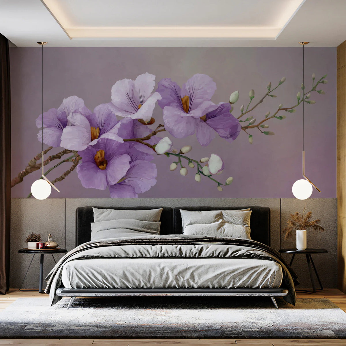 Watercolor Lavender Floral Branch Mural Wallpaper - room preview 02