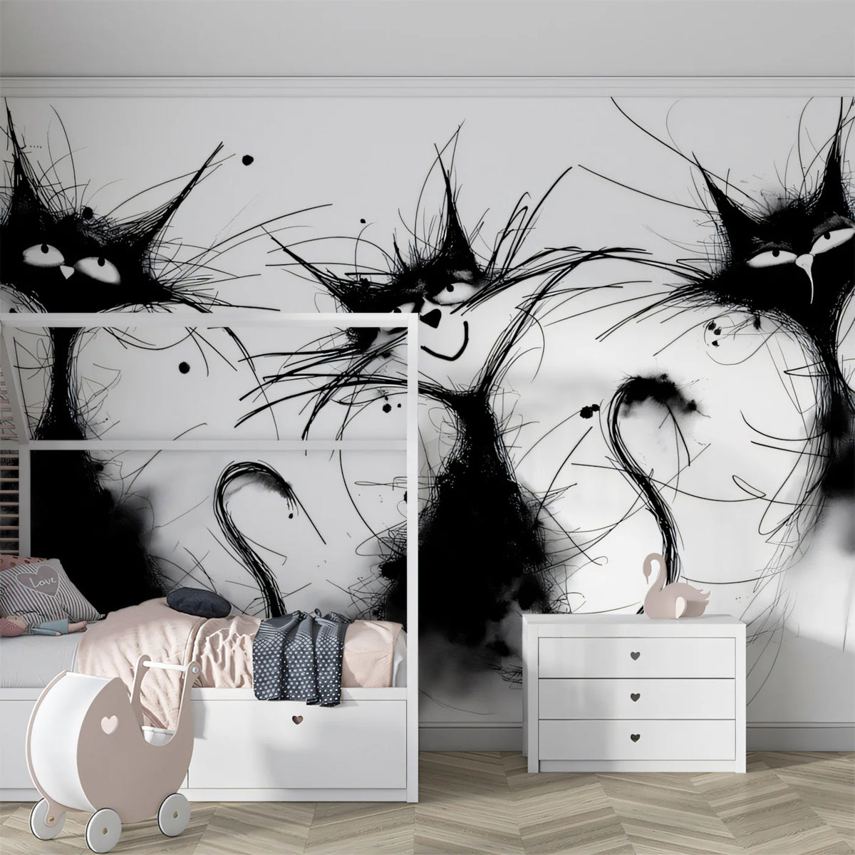 Ink Splatter Cat Sketch Mural Wallpaper — Playful Abstract Art Mural Wallpaper - room preview 02