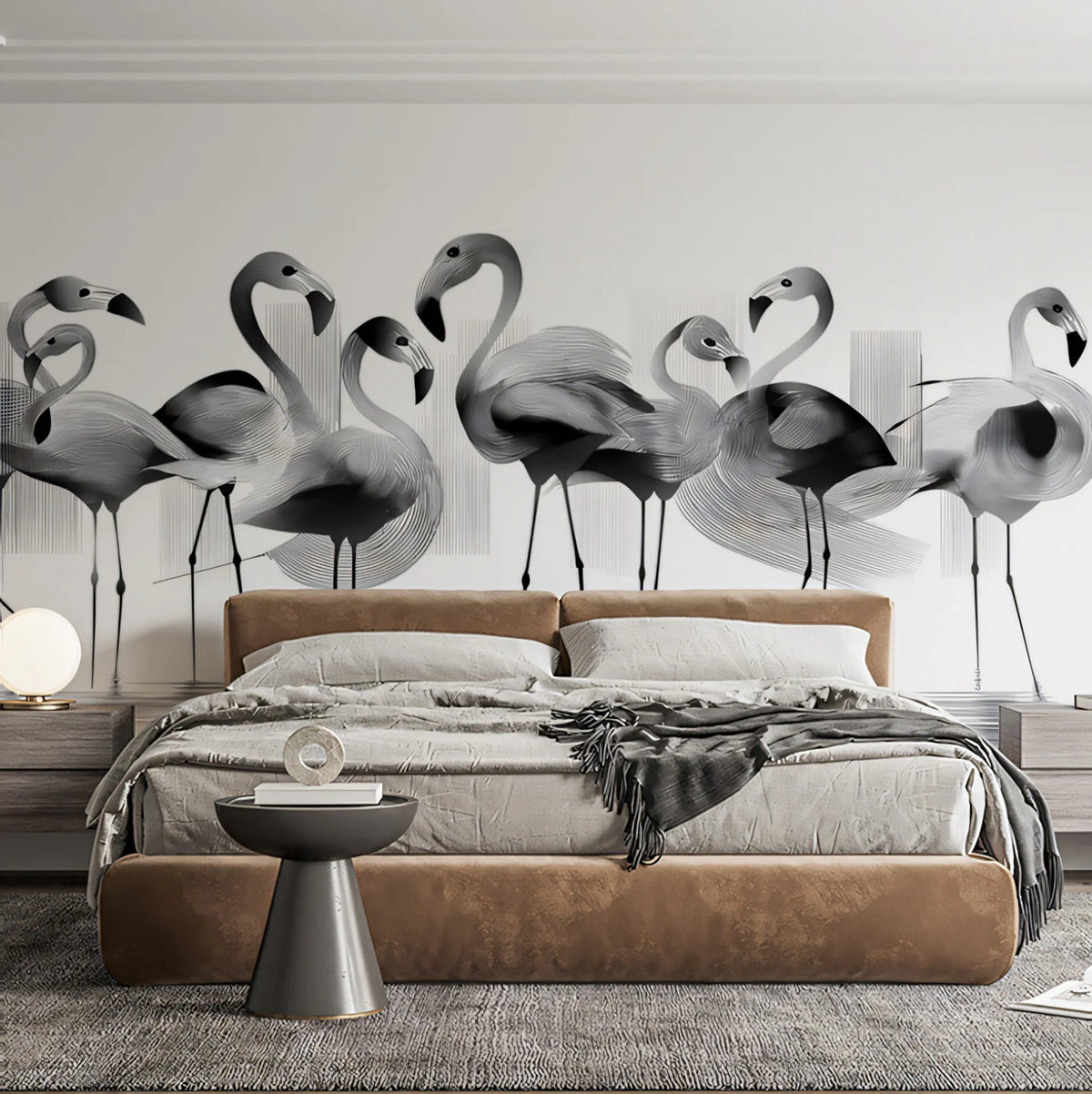Abstract Flamingo Flock Mural Wallpaper — Monochromatic Line Art Mural Wallpaper - room preview 02
