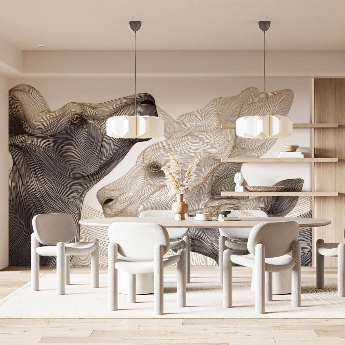 Fluid Deer Portrait Mural Wallpaper — Minimalist Line Art Design Mural Wallpaper - room preview 02