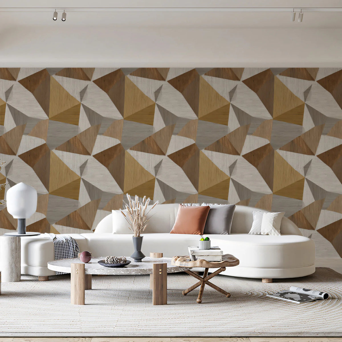 Geometric Wood Cube Mural Wallpaper — Warm Architectural Pattern Mural Wallpaper - room preview 02