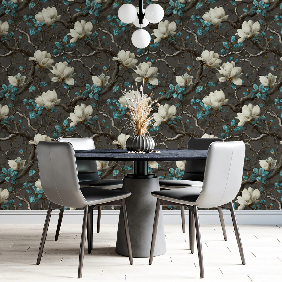 Dark Magnolia Floral Mural Wallpaper — Moody Botanical Print Mural Wallpaper - room preview 02