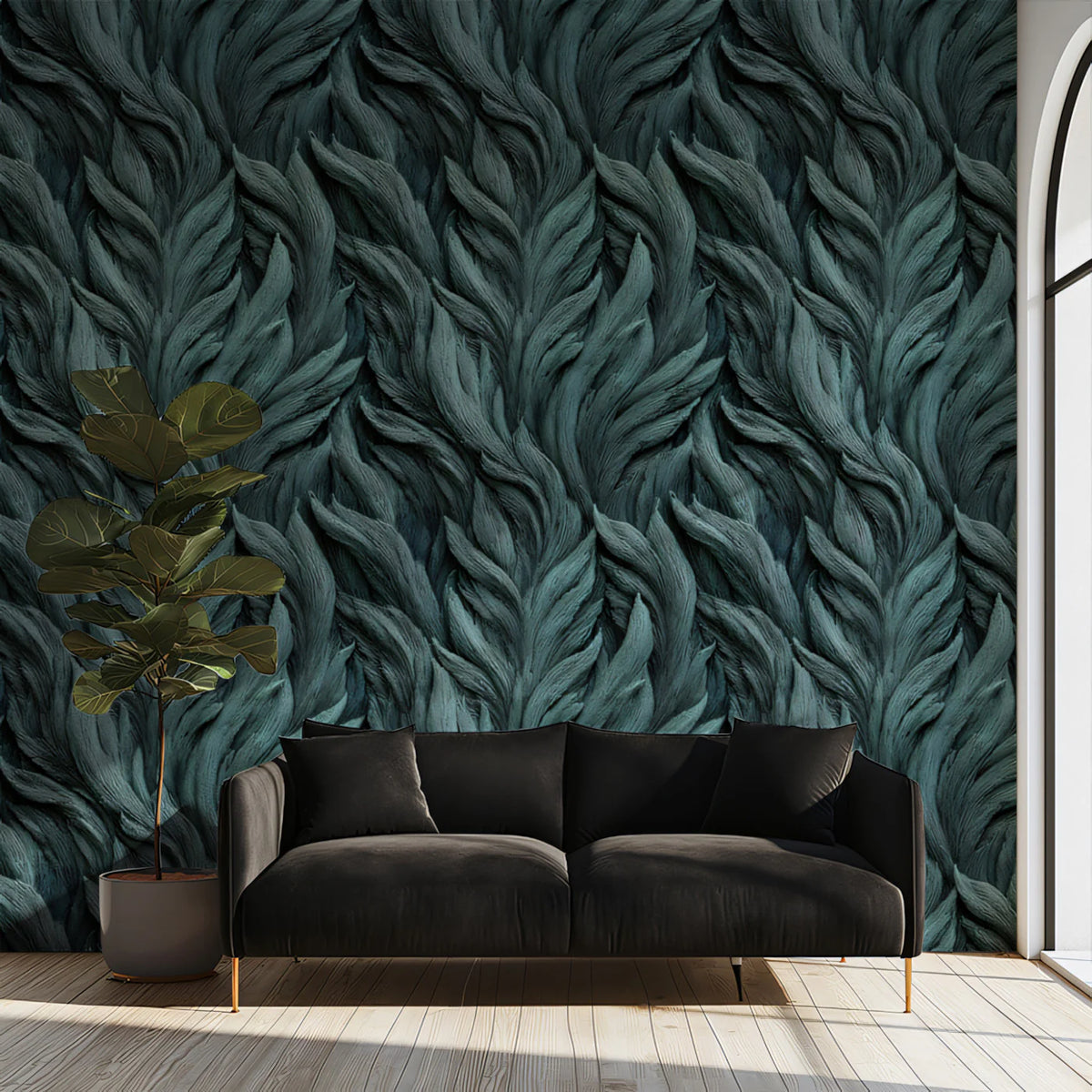 Deep Teal Feather Texture Mural Wallpaper — Organic Relief Pattern Mural Wallpaper - room preview 02