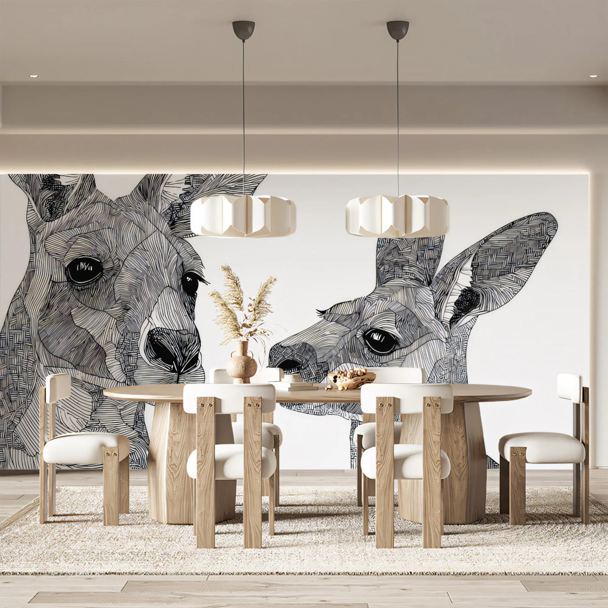 Kangaroo Line Art Mural Wallpaper — Monochromatic Graphic Motif Mural Wallpaper - room preview 02