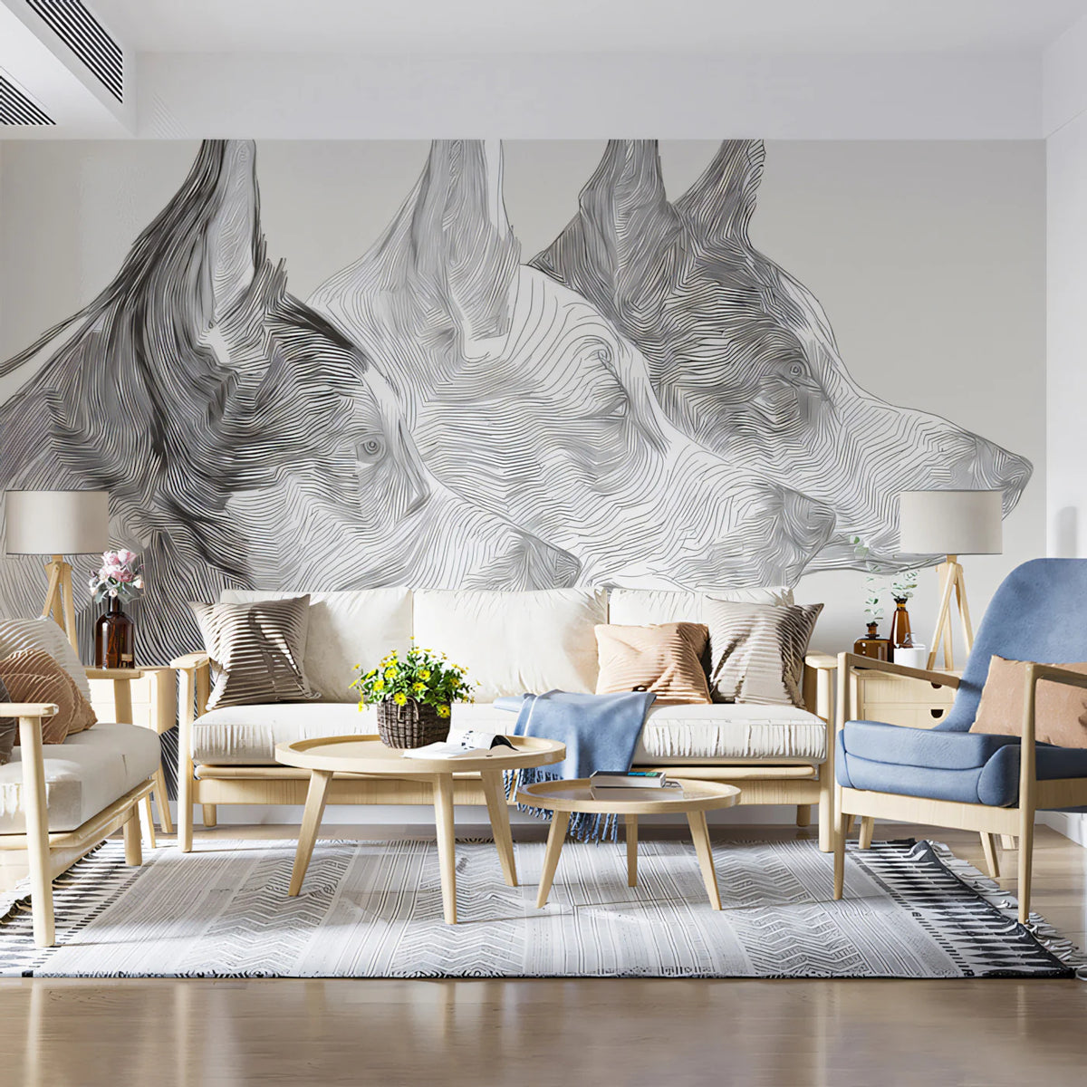 Abstract Canine Profile Mural Wallpaper — Modern Fine Line Art Mural Wallpaper - room preview 02