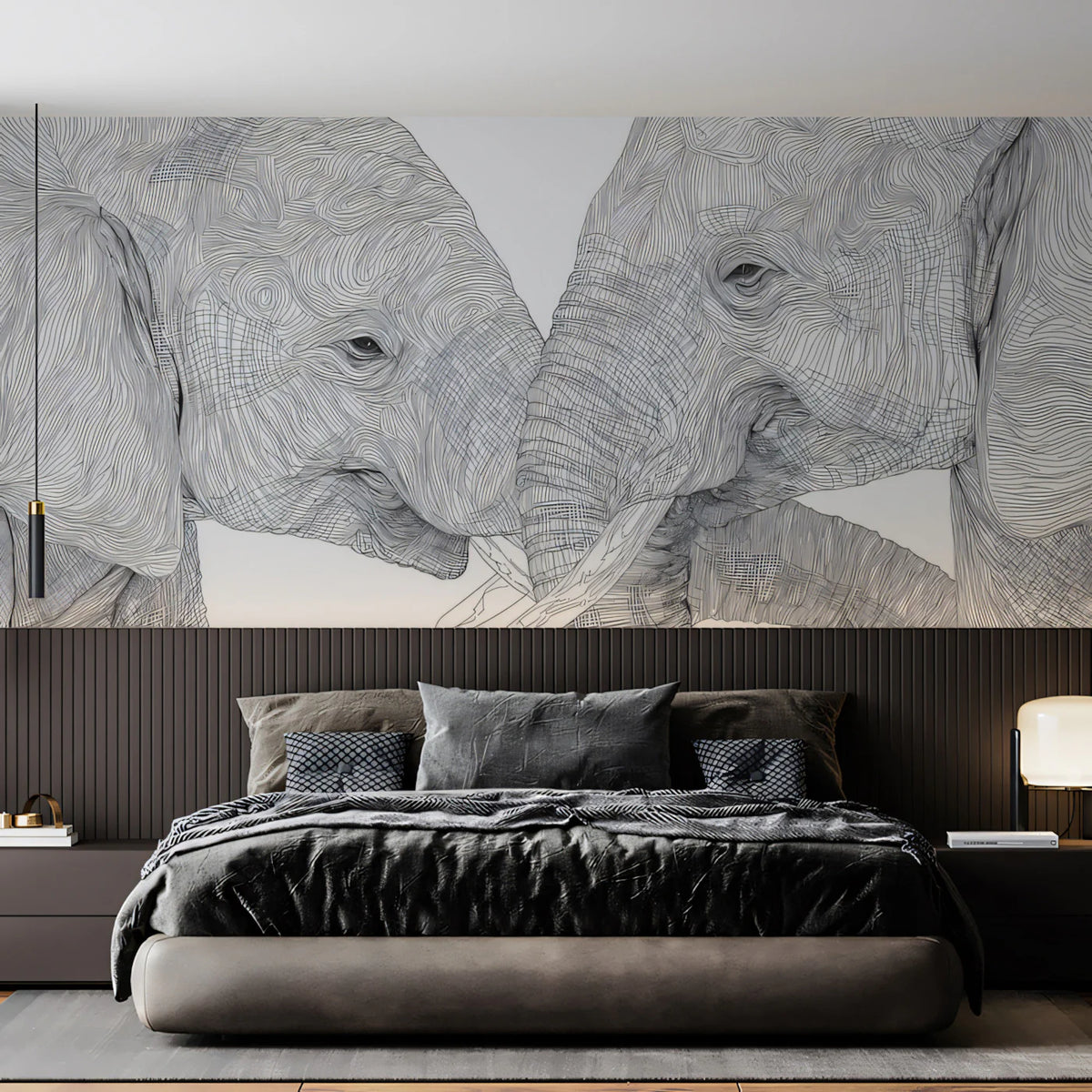 Elephant Embrace Mural Wallpaper — Minimalist Line Art Sketch Mural Wallpaper - room preview 02