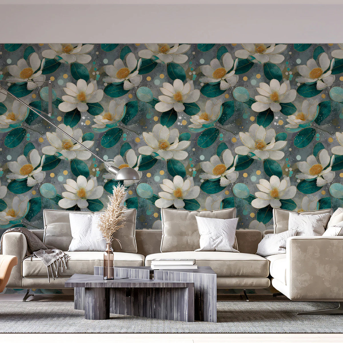 Abstract Magnolia Bloom Mural Wallpaper in Teal and Gold Mural Wallpaper - room preview 02