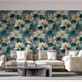 Abstract Magnolia Bloom Mural Wallpaper in Teal and Gold Mural Wallpaper - room preview 02