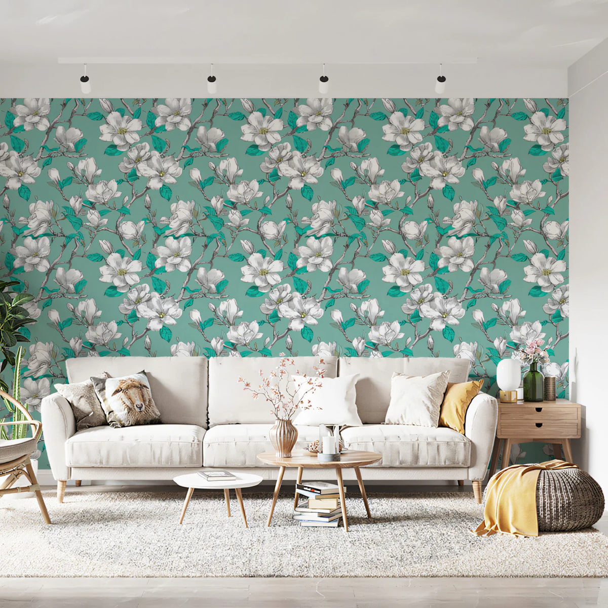 White Magnolia Floral Mural Wallpaper — Teal Botanical Print Mural Wallpaper - room preview 02