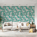 White Magnolia Floral Mural Wallpaper — Teal Botanical Print Mural Wallpaper - room preview 02