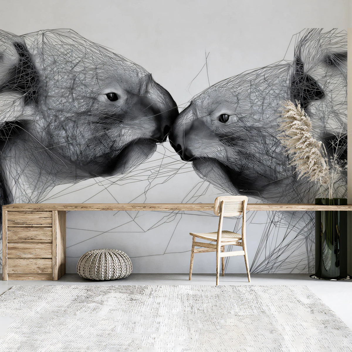 Koala Wireframe Mural Wallpaper — Modern Monochrome Line Art Mural Wallpaper - room preview 02
