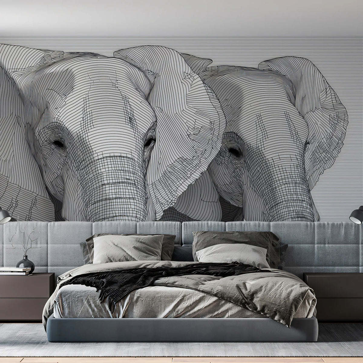 Elephant Line Art Portrait Mural Wallpaper — Minimalist Graphic Decor Mural Wallpaper - room preview 02