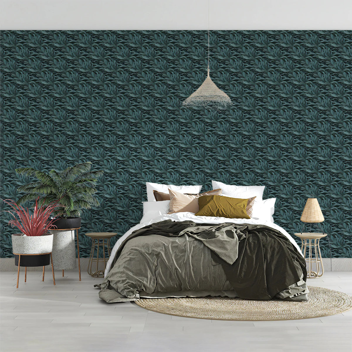 Dense Foliage Mural Wallpaper in Dark Teal and Slate Gray Mural Wallpaper - room preview 02
