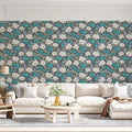 Teal and White Botanical Mural Wallpaper — Intricate Floral Print Mural Wallpaper - room preview 02
