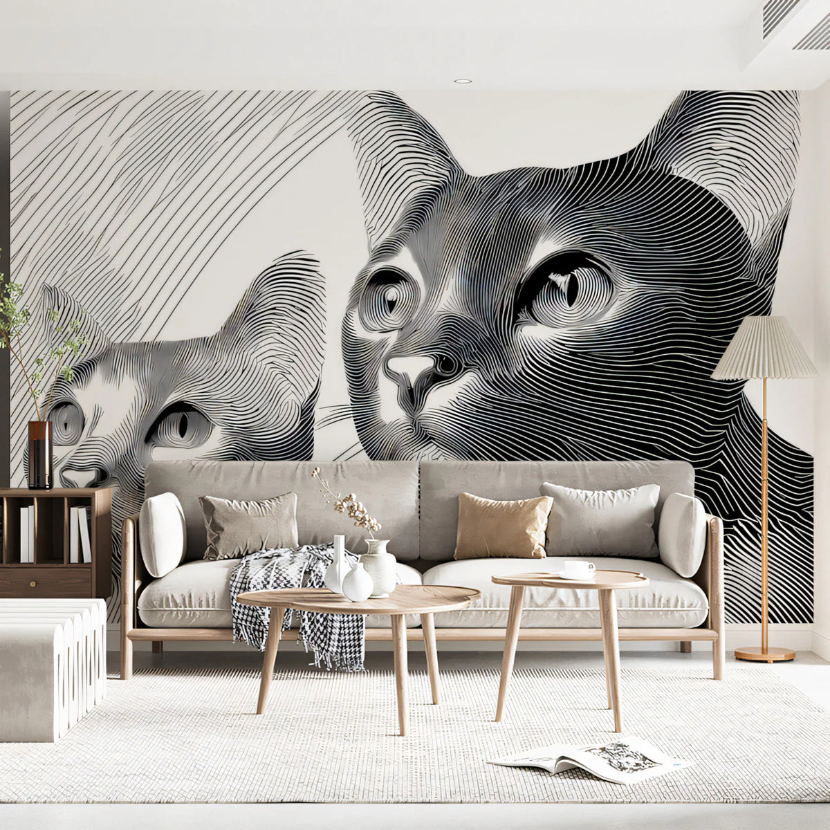 Cat Duo Line Art Mural Wallpaper — Monochrome Engraving Style Mural Wallpaper - room preview 02