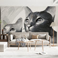 Cat Duo Line Art Mural Wallpaper — Monochrome Engraving Style Mural Wallpaper - room preview 02