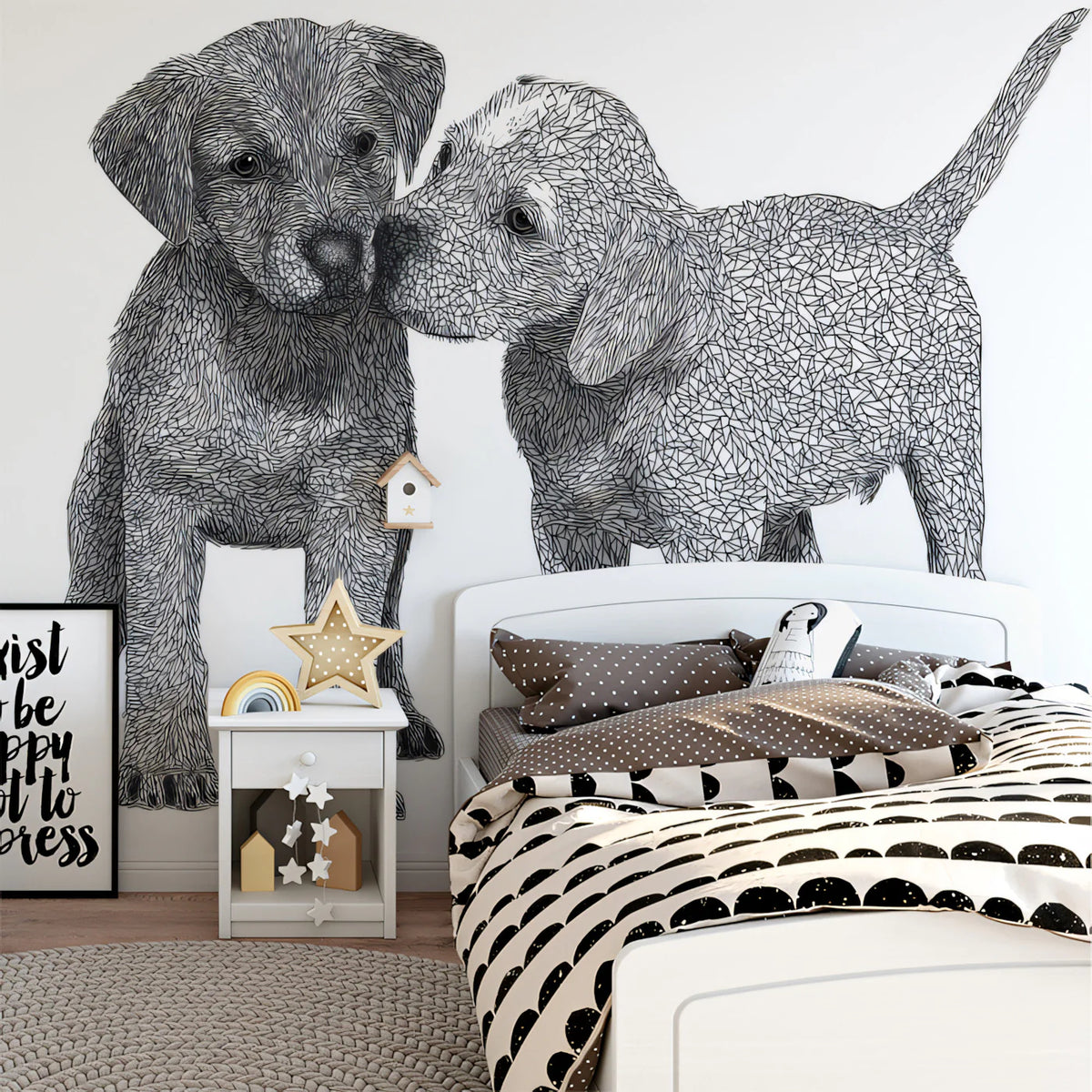 Puppy Duo Geometric Sketch Mural Wallpaper — Modern Monochrome Art Mural Wallpaper - room preview 02