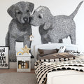 Puppy Duo Geometric Sketch Mural Wallpaper — Modern Monochrome Art Mural Wallpaper - room preview 02