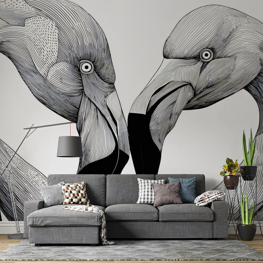 Flamingo Herz Silhouette Wandbild Tapete — Grafische Strichzeichnung Wandbild Tapete