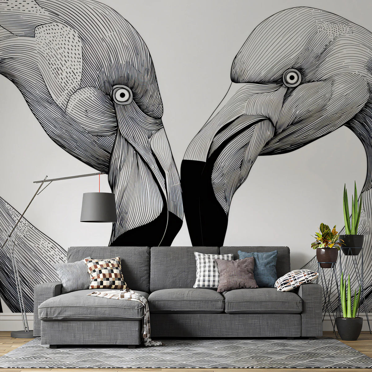 Flamingo Heart Silhouette Mural Wallpaper — Graphic Line Art Mural Wallpaper - room preview 02