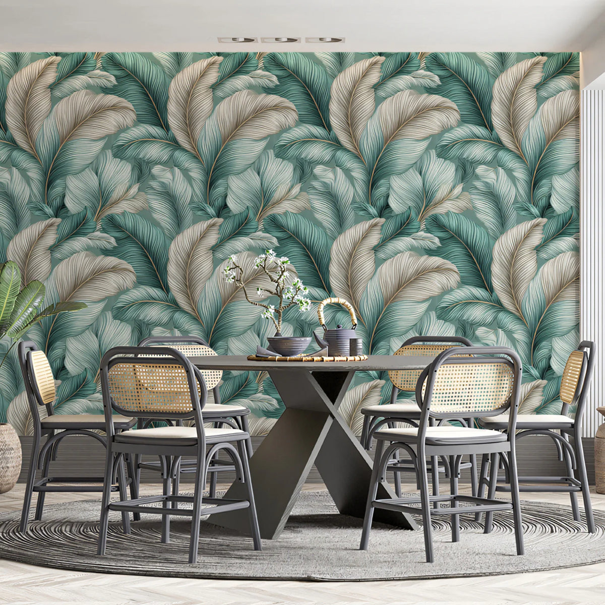 Feathered Frond Mural Wallpaper in Teal and Cream Mural Wallpaper - room preview 02