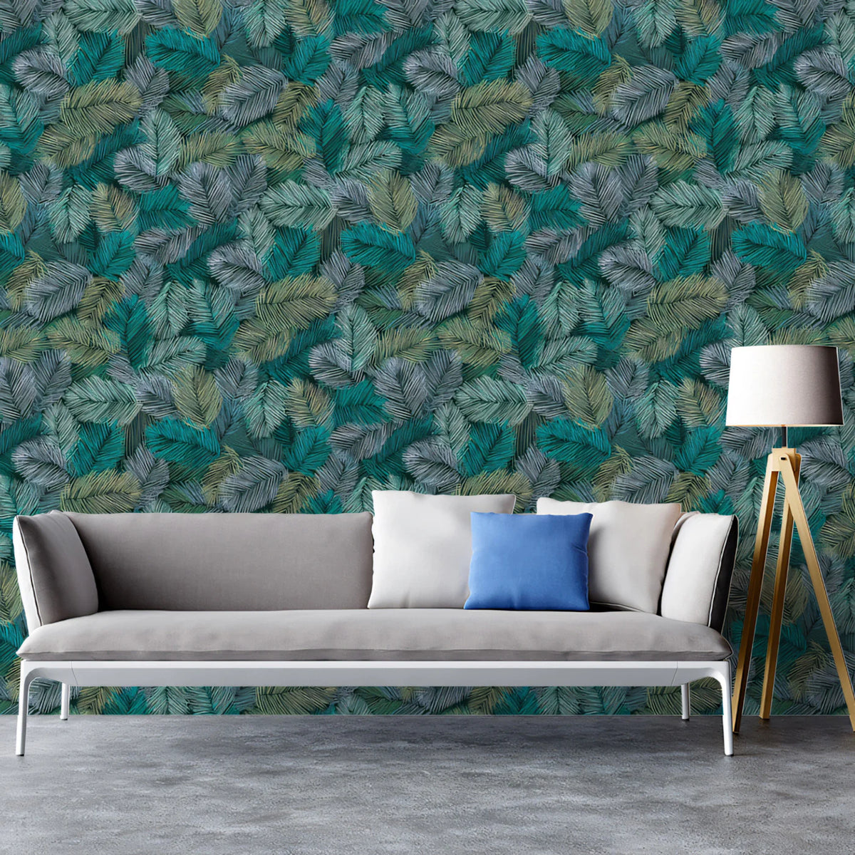 Feathered Frond Mural Wallpaper — Moody Teal Botanical Print Mural Wallpaper - room preview 02
