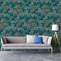 Feathered Frond Mural Wallpaper — Moody Teal Botanical Print Mural Wallpaper - room preview 02