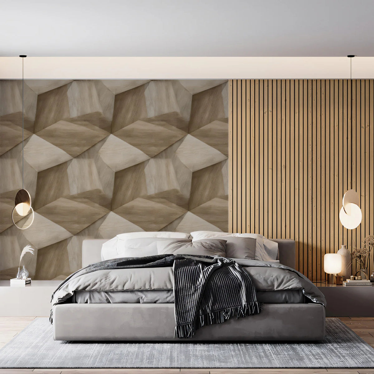 Interlocking Wood Cube Mural Wallpaper — Modern Geometric Decor Mural Wallpaper - room preview 02