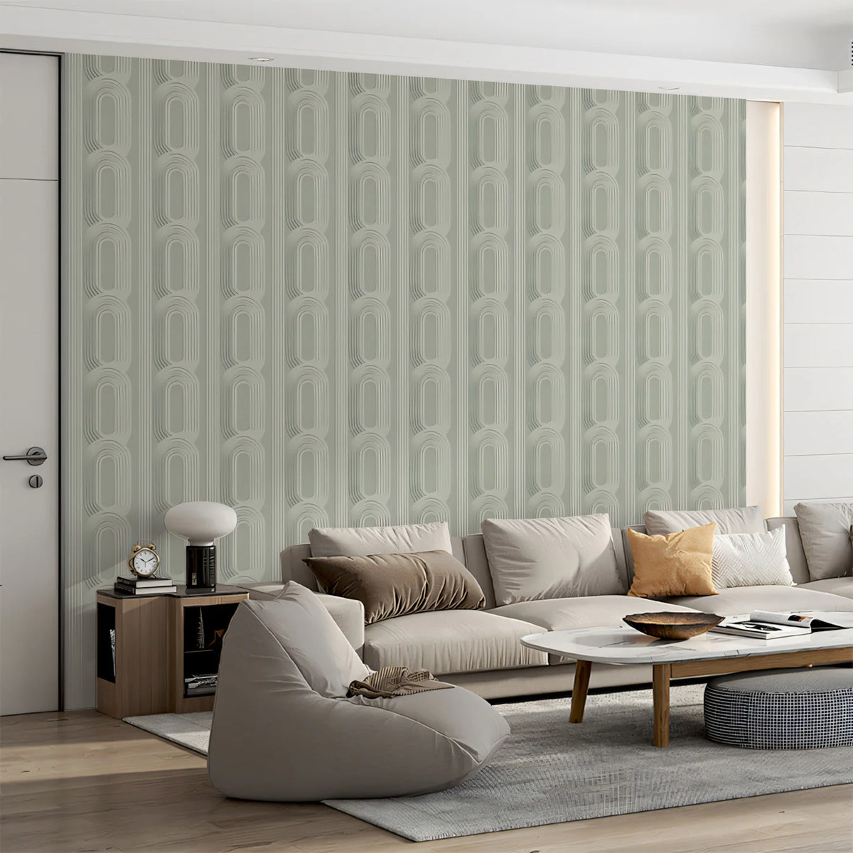 Sculptural Ovoid Column Mural Wallpaper — Modern Sage Green Mural Wallpaper - room preview 02