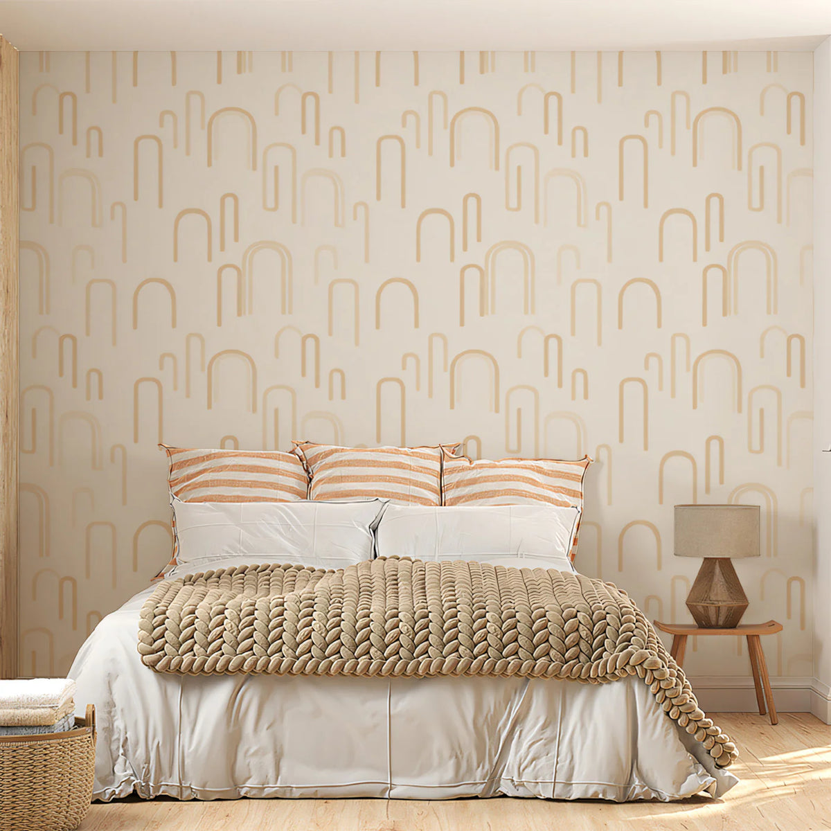 Minimalist Arch Linear Mural Wallpaper — Soft Neutral Cream Mural Wallpaper - room preview 02
