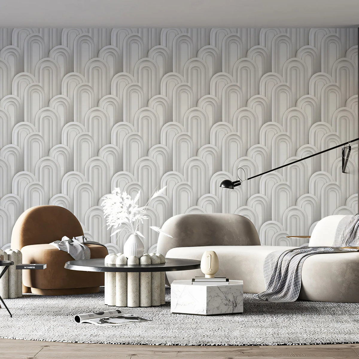 Art Deco Arch Relief Mural Wallpaper — Clean White 3D Texture Mural Wallpaper - room preview 02