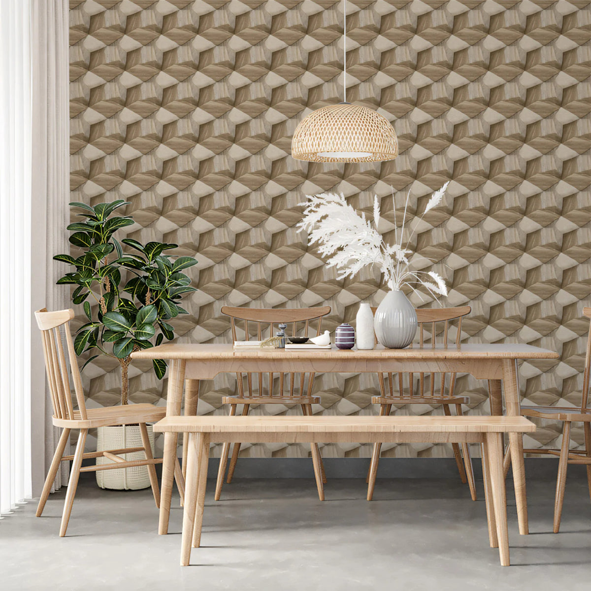 Geometric Wood Cube Mosaic Mural Wallpaper — Neutral Textured Design Mural Wallpaper - room preview 02