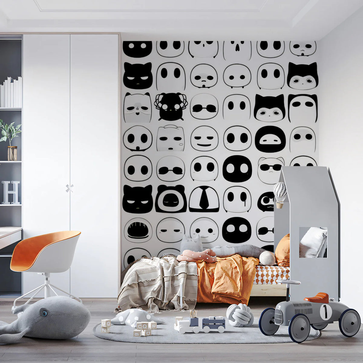 Minimalist Emoticon Grid Mural Wallpaper — Monochrome Graphic Art Mural Wallpaper - room preview 02
