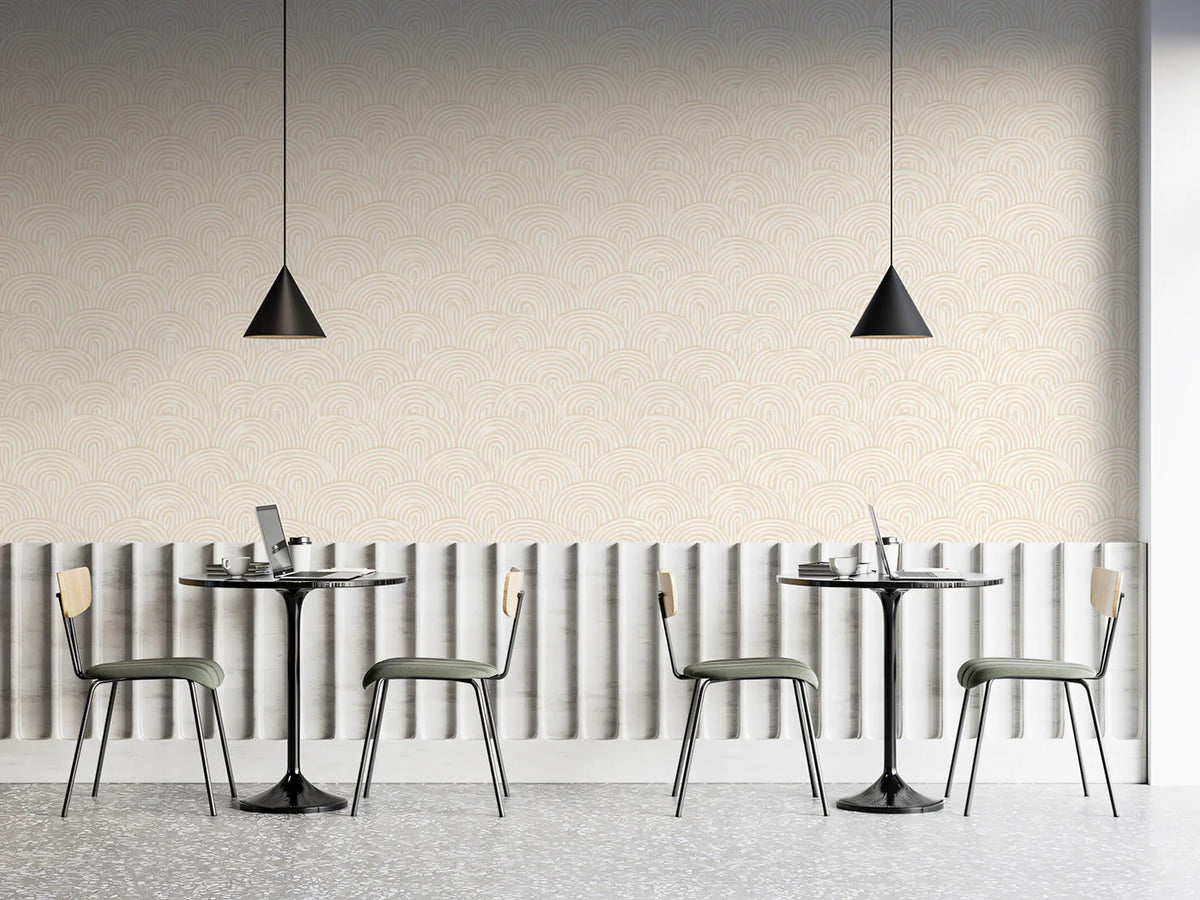 Minimalist Scalloped Line Art Mural Wallpaper in Warm Cream Mural Wallpaper - room preview 02