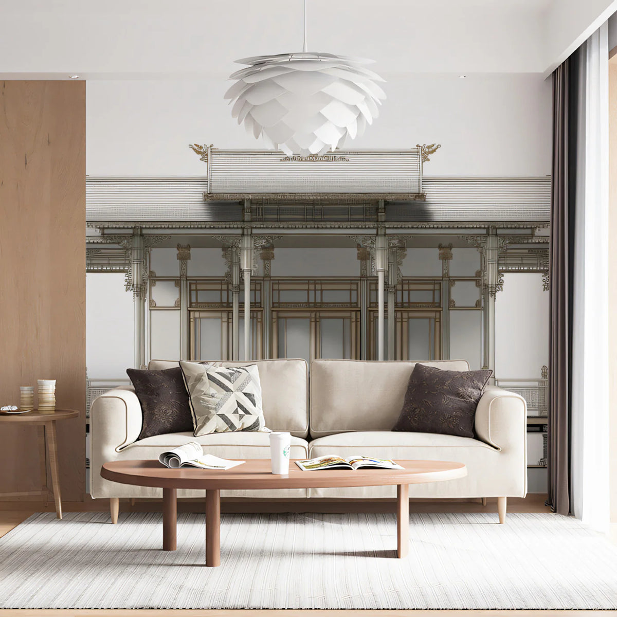 Thai Sala Pavilion Architectural Mural Wallpaper in White and Gold Mural Wallpaper - room preview 02