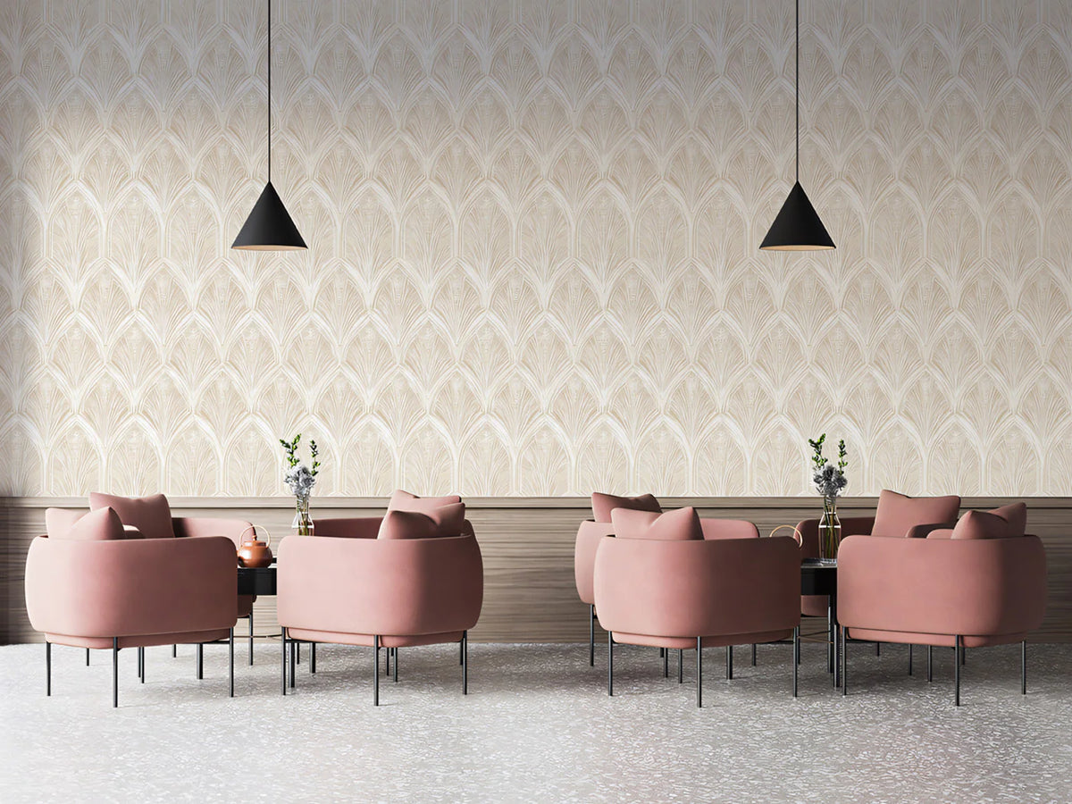 Art Deco Fan Mural Wallpaper — Minimalist Cream Repeating Motif Mural Wallpaper - room preview 02