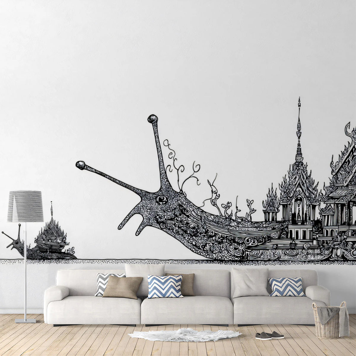 Snail Temple Procession Mural Wallpaper — Surreal Ink Illustration Mural Wallpaper - room preview 02