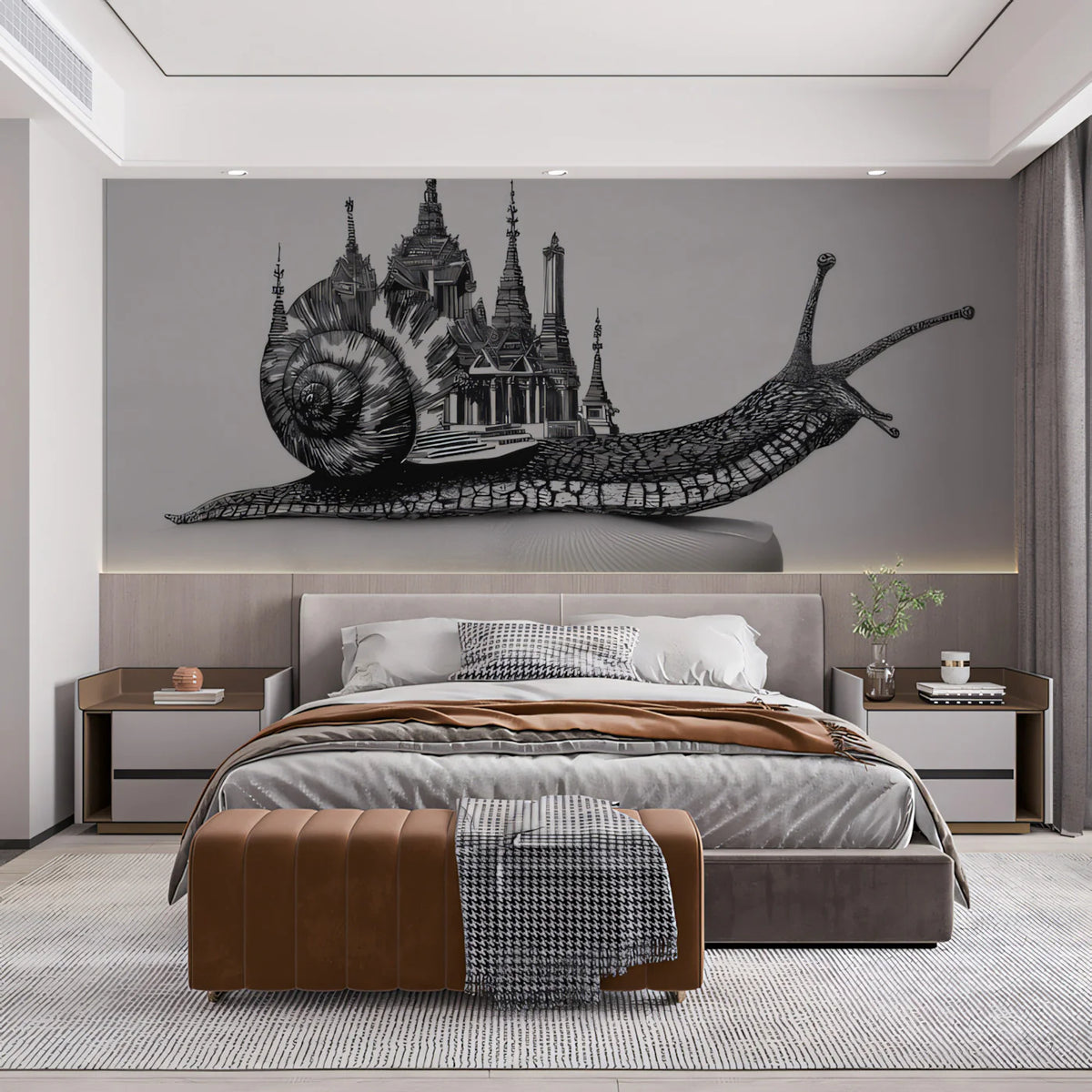 Surreal Snail and Pagoda City Mural Wallpaper — Artistic Sketch Mural Wallpaper - room preview 02