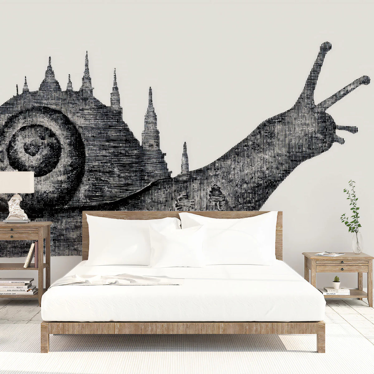 Snail City Silhouette Mural Wallpaper — Surreal Ink Illustration Mural Wallpaper - room preview 02