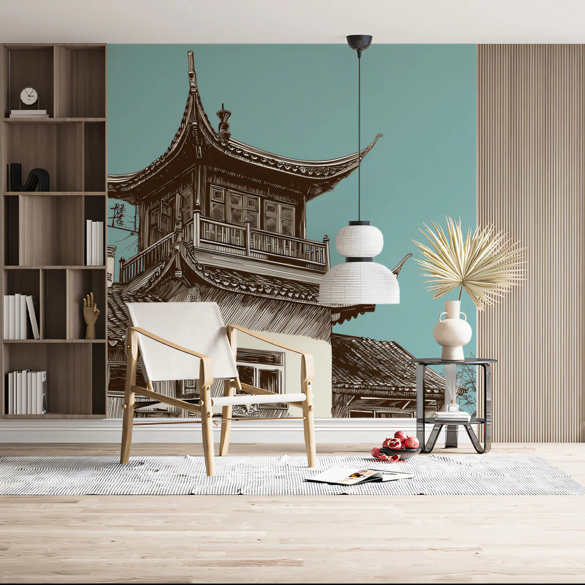 Chinese Architectural Pagoda Mural Wallpaper — Teal and Sepia Sketch Mural Wallpaper - room preview 02